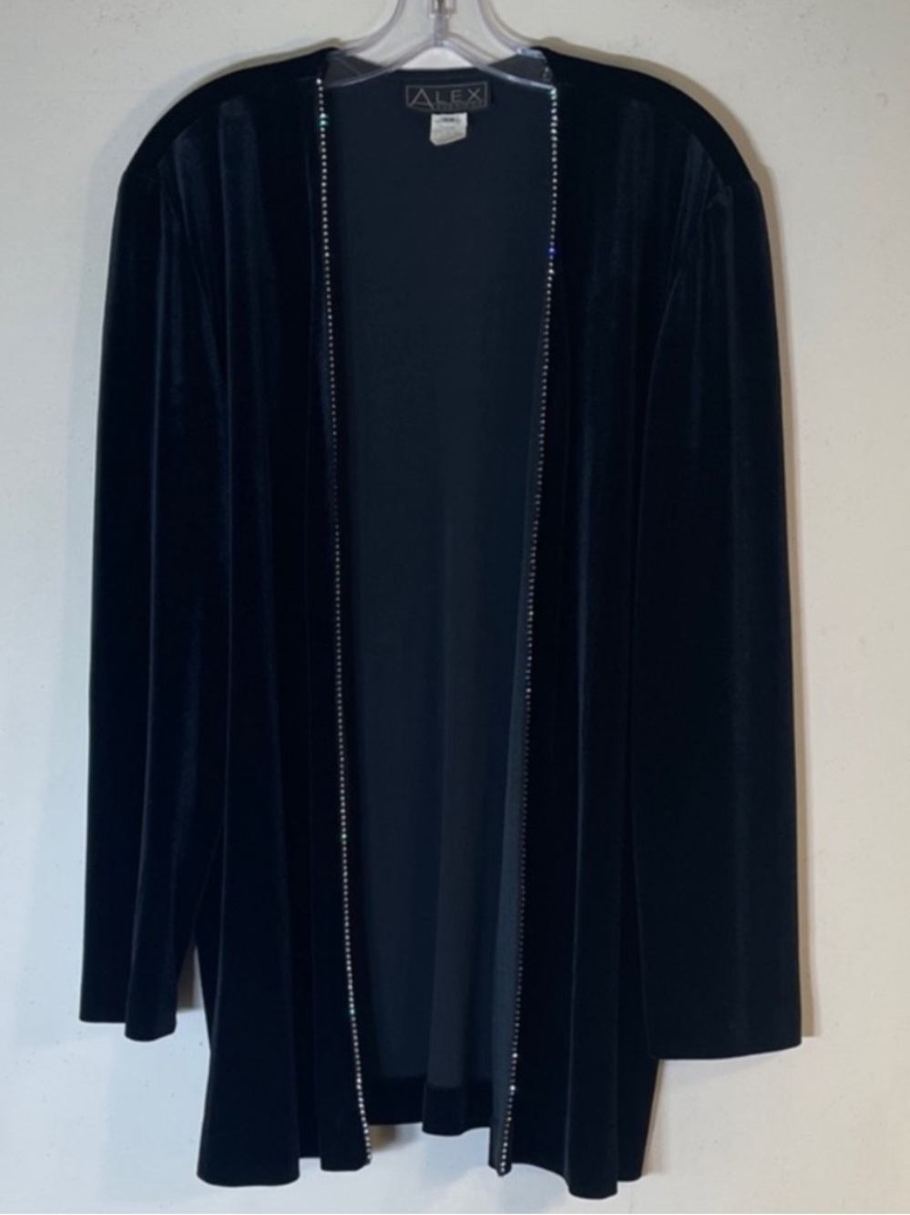 NEW! Alex Evenings Black Velvet Glitter Rhinestone Trim Open Front Jacket. 16W.